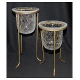 2 crackle glass candle holders in metal stands -