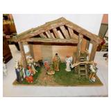 Bisque Christmas nativity set w/ wooden crï¿½che,