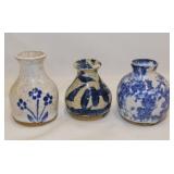 3 hand thrown art pottery bud vases w/ cobalt