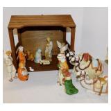 Bisque Christmas nativity set w/ wooden crï¿½che,