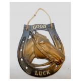 Vintage cast metal Good Luck horseshoe w/ horse