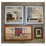 2 framed folk art primitive salt box house prints