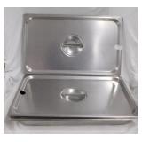 2 large shallow stainless buffet inserts w/ lids,