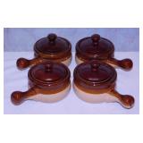 4 brown band stoneware soup crocks w/ lids