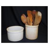 2 antique stoneware crocks - Wooden butter