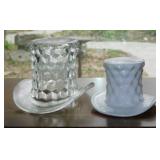 2 Fostoria American glass top hats: Milk Glass,