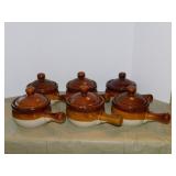 6 brown band handled stoneware soup crocks w/