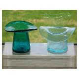 2 turquoise & teal crackle glass top hats, 3.75"