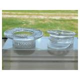 2 clear glass hat ashtrays: Heisey Military cap,
