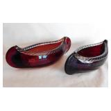 Pair of ruby red flash glass canoes