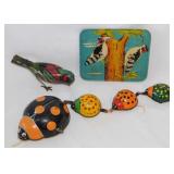 Vintage tin litho toys: Wind-up ladybug family -