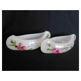 2 hand painted souvenir glass canoes: New York &