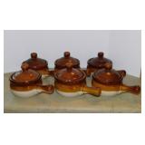 6 brown band handled stoneware soup crocks w/