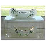 2 hand painted milk glass canoes, one is High