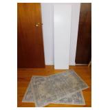 Pair of white shelves, 48" x 12" - Two area rugs,