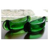 2 emerald green glass canoes, 6" long