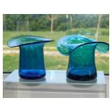 Rainbow Blue Optic Panel glass top hat w/ pontil