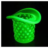 Fenton Vaseline opalescent hobnail glass top hat,