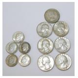 US silver coins: Six 1964 Washington quarters and