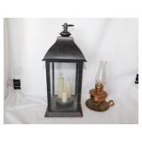 Small copper finger oil lamp w/ glass chimney,