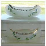 2 hand painted milk glass canoes,