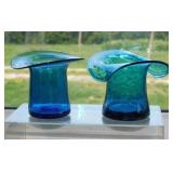 Rainbow Blue Optic Panel glass top hat w/ pontil