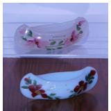 2 hand painted milk glass souvenir canoes, 6"