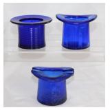 3 cobalt glass top hats including one ashtray
