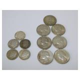 US silver coins: Six 1964 Washington quarters and
