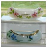 2 hand painted milk glass souvenir canoes: