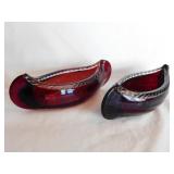 Pair of Ruby Flash glass canoes