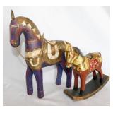 Carved wood, brass & copper armored horse marked