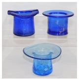3 cobalt & capri blue glass top hats: