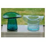 2 turquoise & teal crackle glass top hats, 3.75"