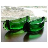 2 emerald green glass canoes, 6" long
