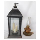 Small copper finger oil lamp w/ glass chimney,