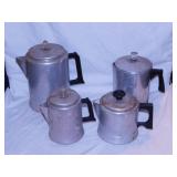 4 vintage aluminum coffee percolators, tallest is