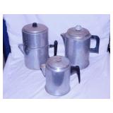 3 vintage aluminum coffee percolators, 1 is a