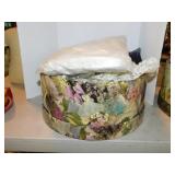 Fabrics & lace in large hat box, 14" diameter -