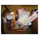 Sewing supplies in wicker basket w/ lid