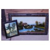 Reverse glass painting in frame, damage, 33" x