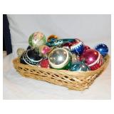 Vintage Christmas ornaments in basket: Shiny