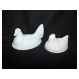 Two white milk glass hen on nest lids, largest is