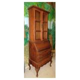 Vintage walnut drop front secretary hutch w/ key,