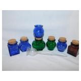 Miniature blue & green bottles w/ cork stoppers,