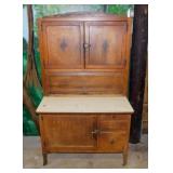 Antique oak Hoosier kitchen cabinet on casters w/