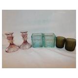 Libbey Gibraltar light plum candlesticks & more,