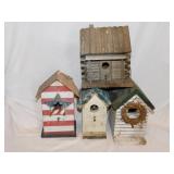 4 decorative wooden birdhouses, tallest is 9"