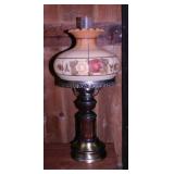 Vintage wood & brass table lamp w/ hand painted