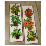 2 kitschy latch hook rug wall hangings, 15" x 50"